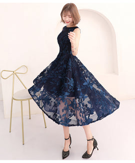 High Low Navy Blue Lace Bridesmaid Dress, Round Neckline Party Dress