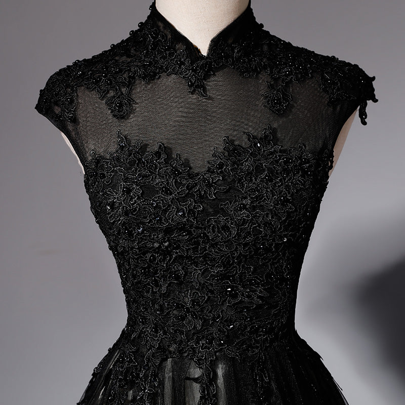 Elegant High Neckline Black Evening Dress, Tulle with Lace Applique Pr