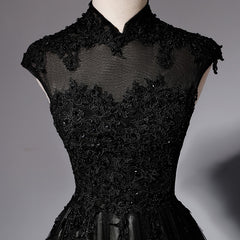 Elegant High Neckline Black Evening Dress, Tulle with Lace Applique Prom Dress