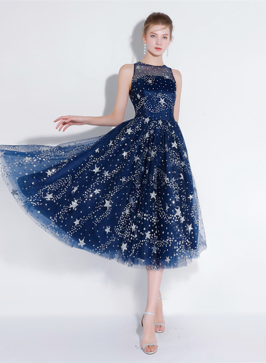 Navy Blue Tea Length Party Dress, Blue Prom Dress Bridesmaid Dress