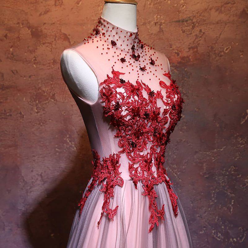 Pink High Neckline Long Formal Dress, Pink Prom Dress