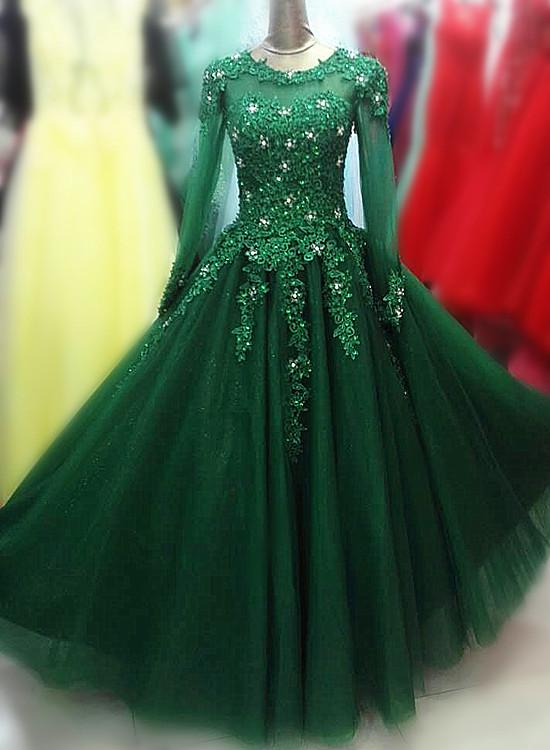 long sleeves green tulle prom dress