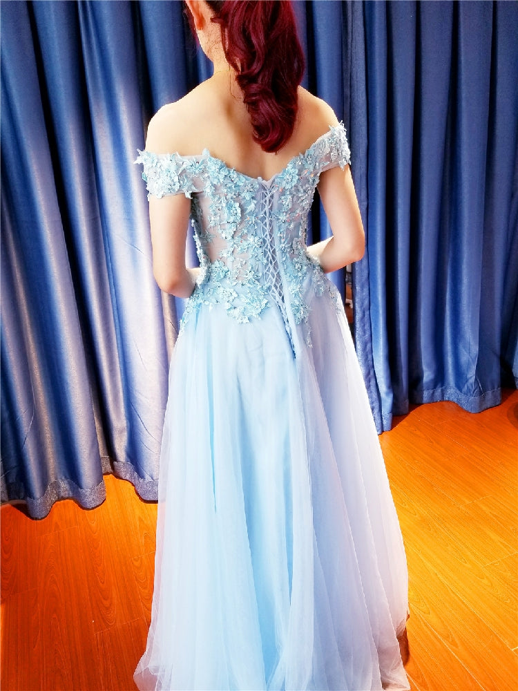 Beautiful Light Blue Off Shoulder Tulle A-line Long Party Dress, Floor Length Senior Prom Dress