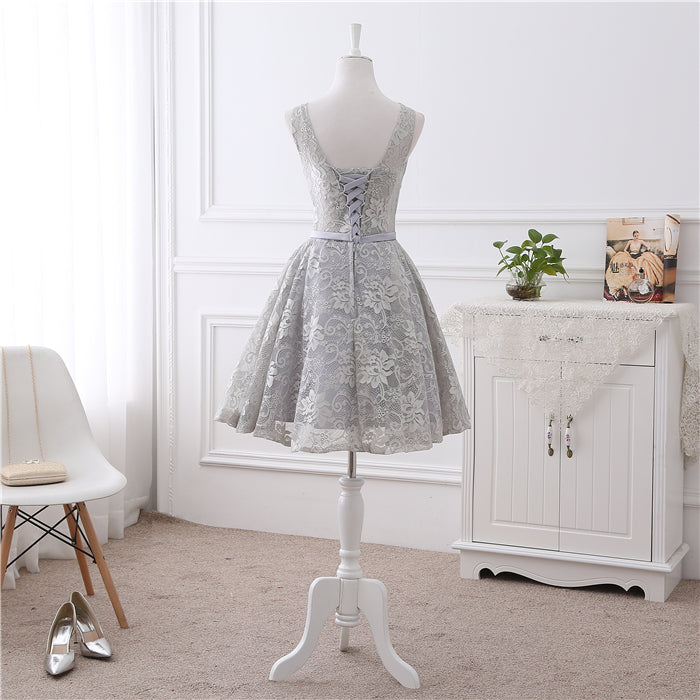 Cute Short Grey Lace Briesmaid Dress, Knee Length Homecoming Dress Short Prom Dress