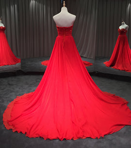 High Quality Handmade Red Chiffon Long Prom Dresses, Slit Party Dresses, Floor Length Evening Dress