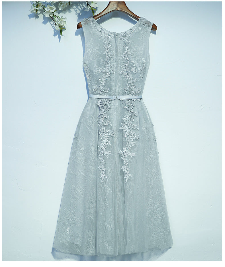 Light Grey Tea Length Round Neckline Bridesmaid Dress, Short Wedding P Cutedressy Light Grey Tea Length Round Neckline Bridesmaid Dress, Short Wedding P Cutedressy
