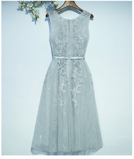 Light Grey Tea Length Round Neckline Bridesmaid Dress, Short Wedding Party Dress
