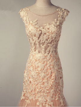 Pearl Pink Tulle Mermaid Gown with Lace Applique, Evening Gown