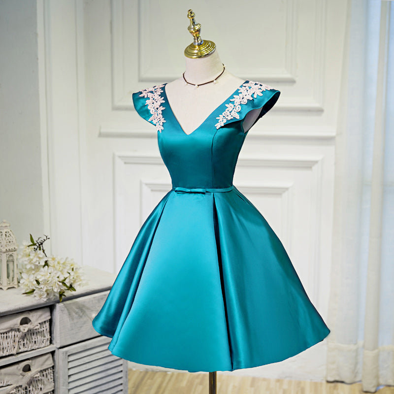 Teal Blue Satin Short Party Dress with White Lace, Blue Homecoming Dre Cutedressy Teal Blue Satin Short Party Dress with White Lace, Blue Homecoming Dre Cutedressy