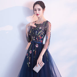 Navy Blue Lace Floral Tulle Tea Length Wedding Party Dress, Blue Formal Dress