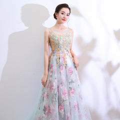 Beautiful Floral Tulle and Lace Long Party Dress, A-line Evening Dress
