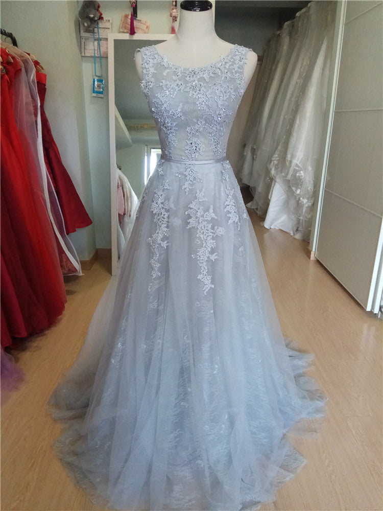 Charming Grey Tulle Round Neckline Prom Gown , Grey Formal Dress Long