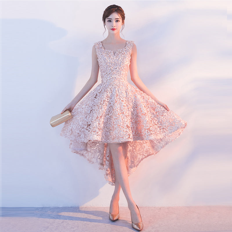Lovely Pink High Low Lace Party Dress, Lovely Formal Dress