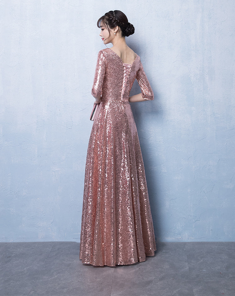 Peach Pink Sequins V-neckline Long Party Dress, Pink Bridesmaid Dress Cutedressy Peach Pink Sequins V-neckline Long Party Dress, Pink Bridesmaid Dress Cutedressy