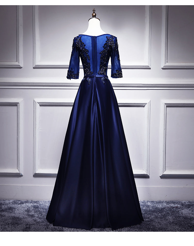 Navy Blue A-line Short Sleeves Floor Length Party Dress, Navy Blue Bridesmaid Dress