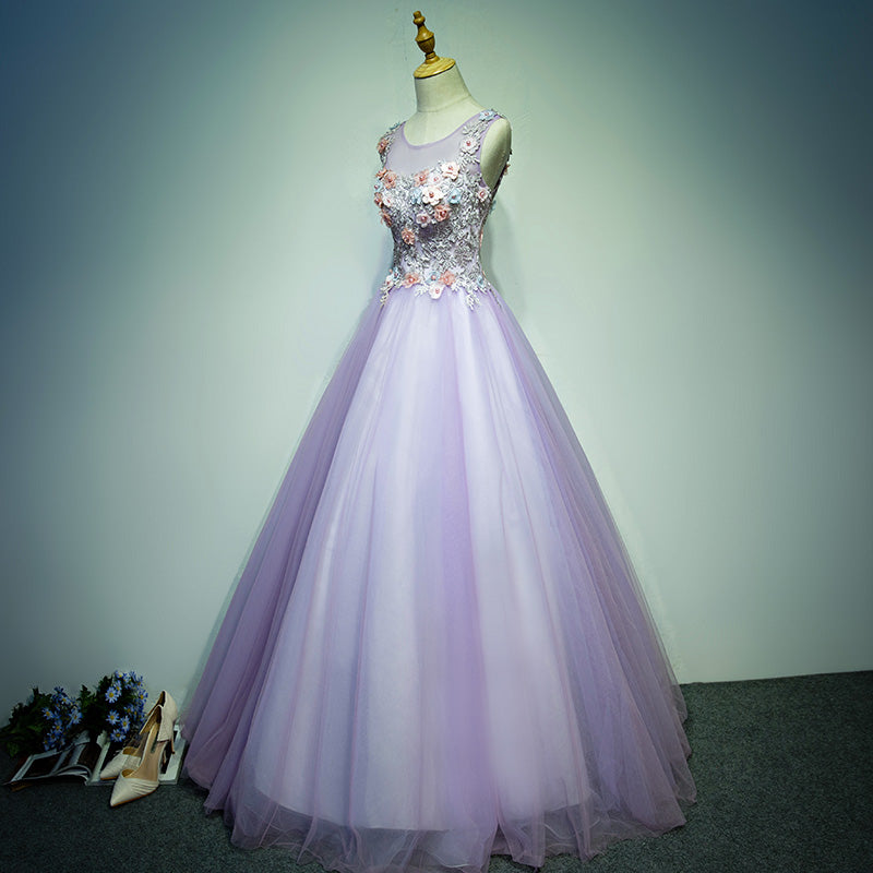 Light Purple Tulle Long Sweet 16 Formal Dress with Lace, Purple Prom Dress