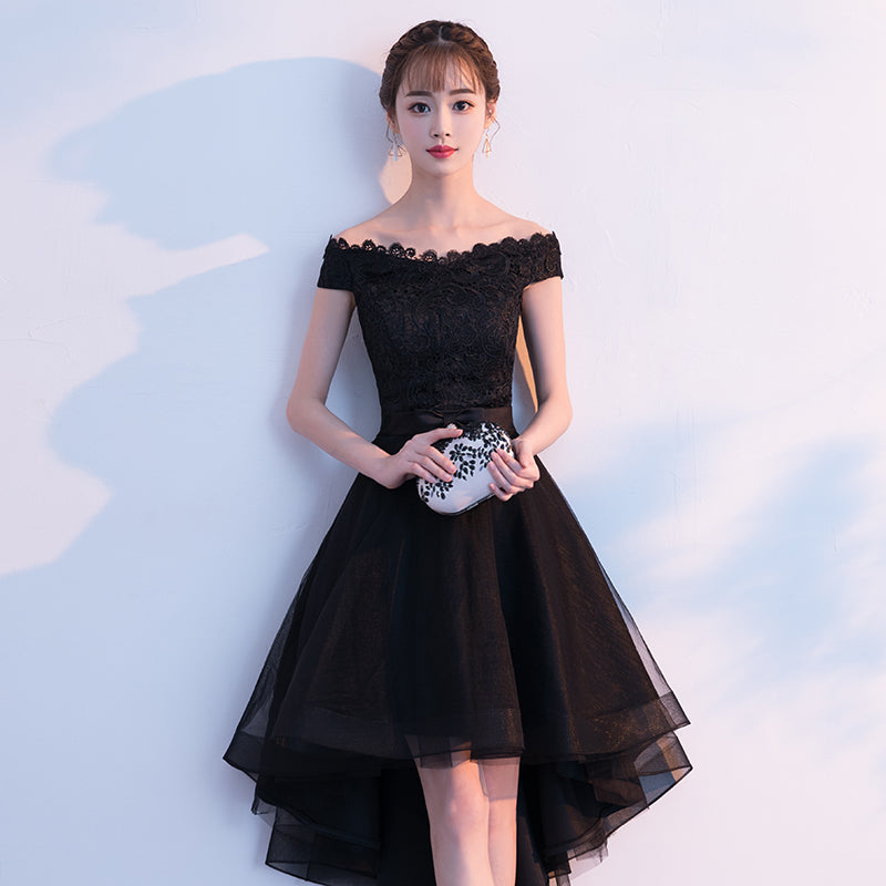Black Tulle Lace Off Shoulder Homecoming Dress, High Low Fashionable Prom Dress