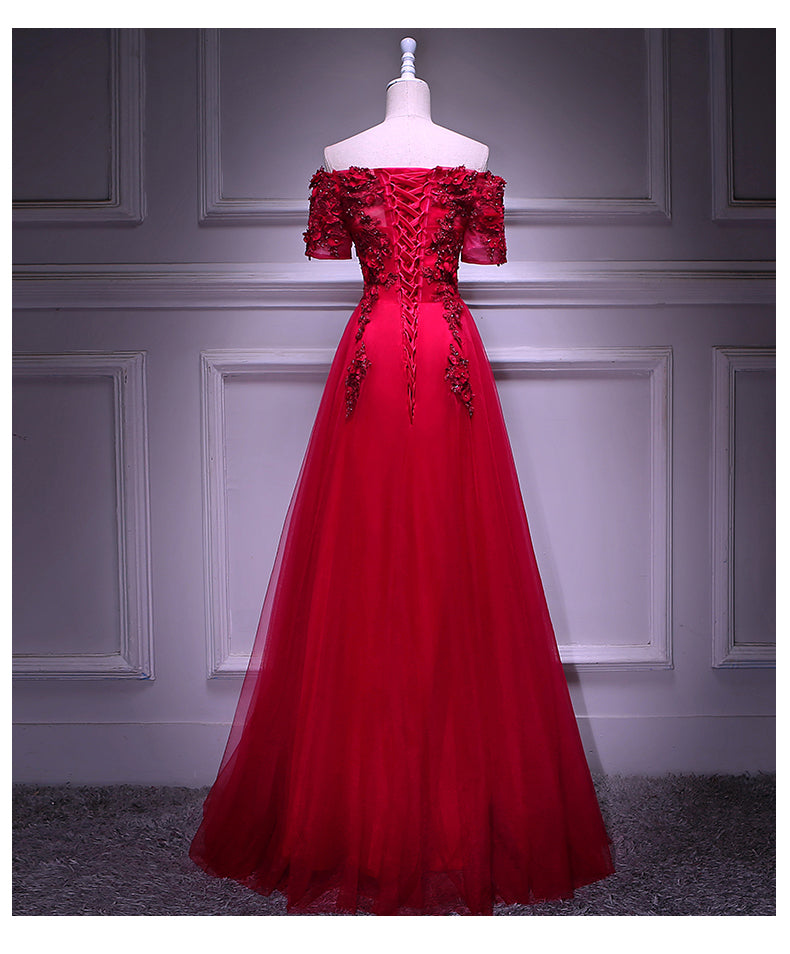 Red Tulle Short Sleeves Lace Applique Long Junior Prom Dress, Red Formal Gown