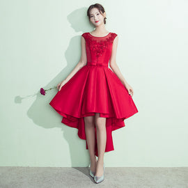 Lovely Satin High Low Round Neckline Party Dress, Red Homecoming Dress