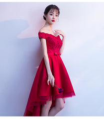 Lovely Red Off Shoulder Tulle High Low Party Dress, Red Homecoming Dress