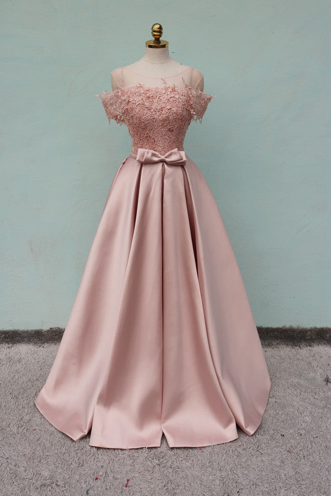 Pink Off Shoulder Satin Long with Lace Top Formal Dress, Elegant Party Cutedressy Pink Off Shoulder Satin Long with Lace Top Formal Dress, Elegant Party Cutedressy