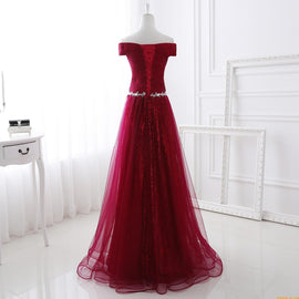 Wine Red Sweetheart Tulle and Sequins Long Formal Gowns, Off Shoulder Party Dresses