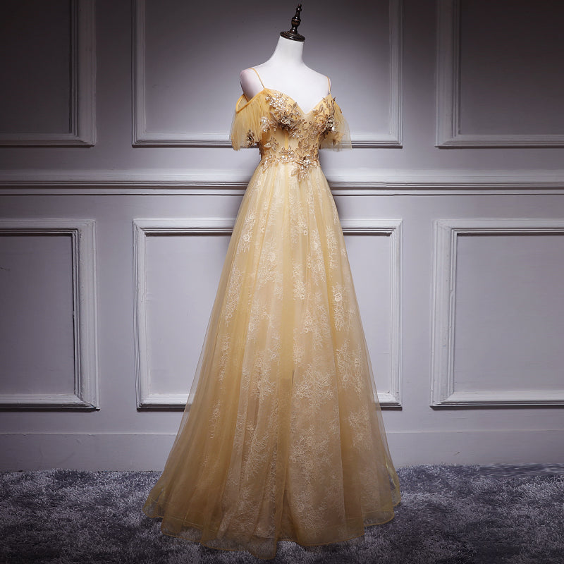 Champagne Lace Off Shoulder Long Party Dress 2022, Cute Tulle Formal D Cutedressy Champagne Lace Off Shoulder Long Party Dress 2022, Cute Tulle Formal D Cutedressy