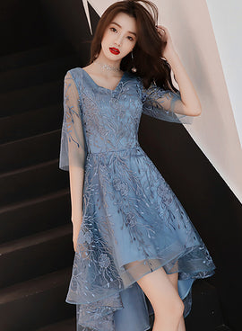 Beautiful Blue High Low Party Dress Homecoming Dress, Blue Lace Prom Dress