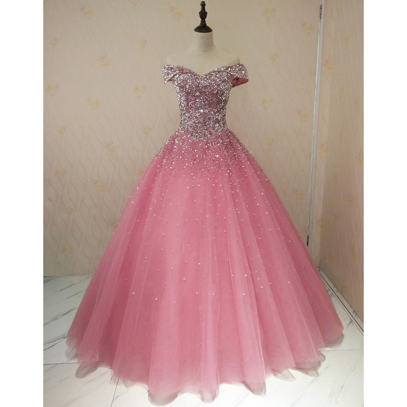 Beautiful Pink Sparkle Off Shoulder Floor Length Lace-up Formal Gown , Prom Gowns