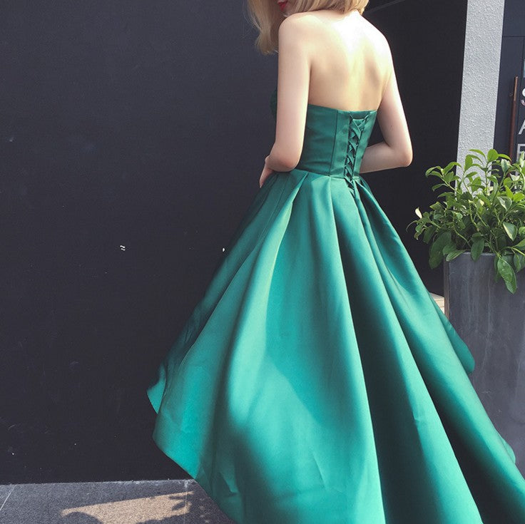 Dark Green High Low Homecoming Dress , Sweetheart Party Dress, Satin Fashionable Formal Dress