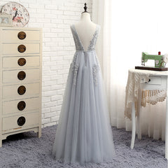 Light Grey Tulle V-neckline Long Party Gown, Charming Formal Dress