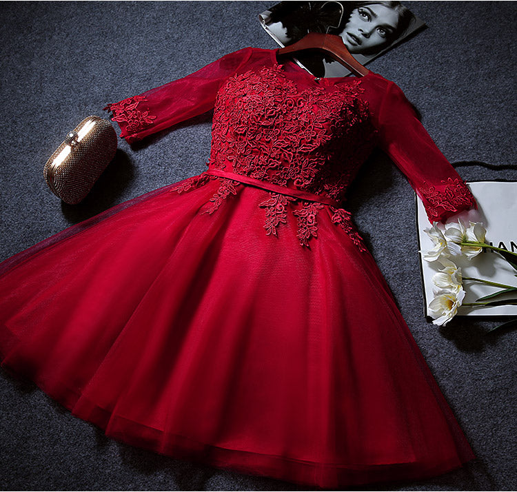 Lovely 1/2 Sleeves Knee Length Tulle Party Dress, Short Homecoming Dress