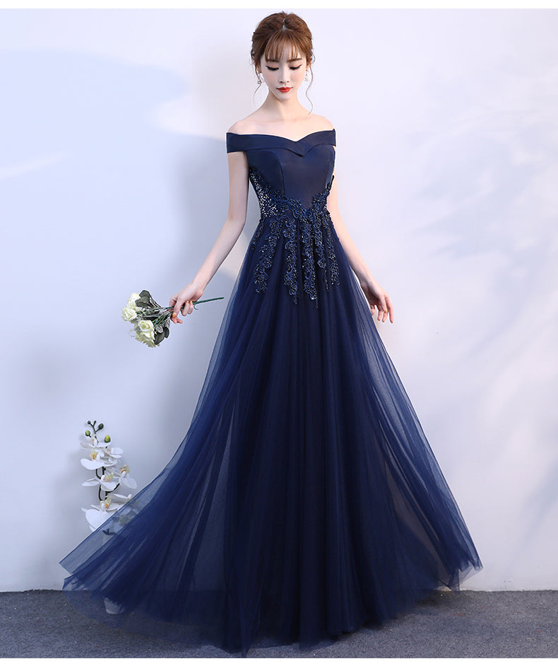navy simple prom dress Navy Blue Off Shoulder Tulle A-line Long Evening Dress, Simple Prom Dr Cutedressy