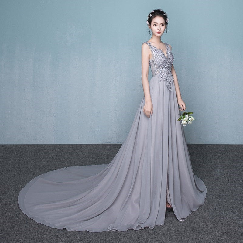 Beautiful Grey Chiffon Long Party Dress with Lace Top, Party Dress wit Cutedressy Beautiful Grey Chiffon Long Party Dress with Lace Top, Party Dress wit Cutedressy