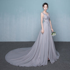 Beautiful Grey Chiffon Long Party Dress with Lace Top, Party Dress with Side Slit