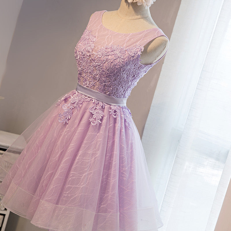 Light Purple Short Tulle Lace Cute Round Neckline Homecoming Dress, Short Formal Dress, Prom Dress