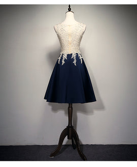 Cute Navy Blue Short Prom Dress , Homecoming Dress with Lace Applique