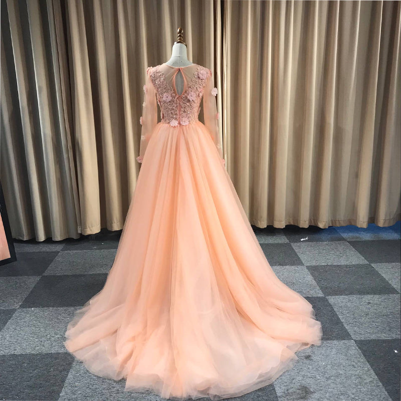 Light Orange Tulle Long Sleeves with Lace Party Dress, Long Prom Dress Formal Dress
