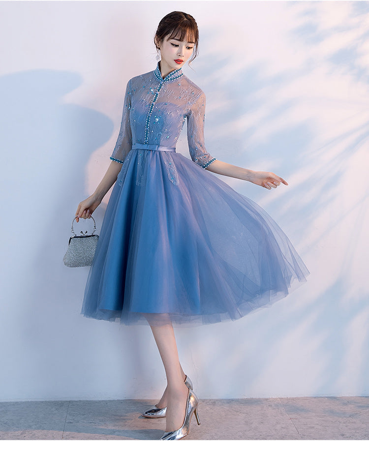 Beautiful Blue Knee Length Beaded Homecoming Dress, Short Sleeves Prom Dress