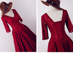 Elegant V-neckline Lace Knee Length Bridesmaid Dress, Wine Red Prom Dress
