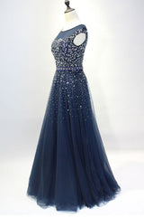 Blue Sparkle Beaded Tulle Long Formal Dresses, Handmade High Quality Party Dresses, Prom Dresses