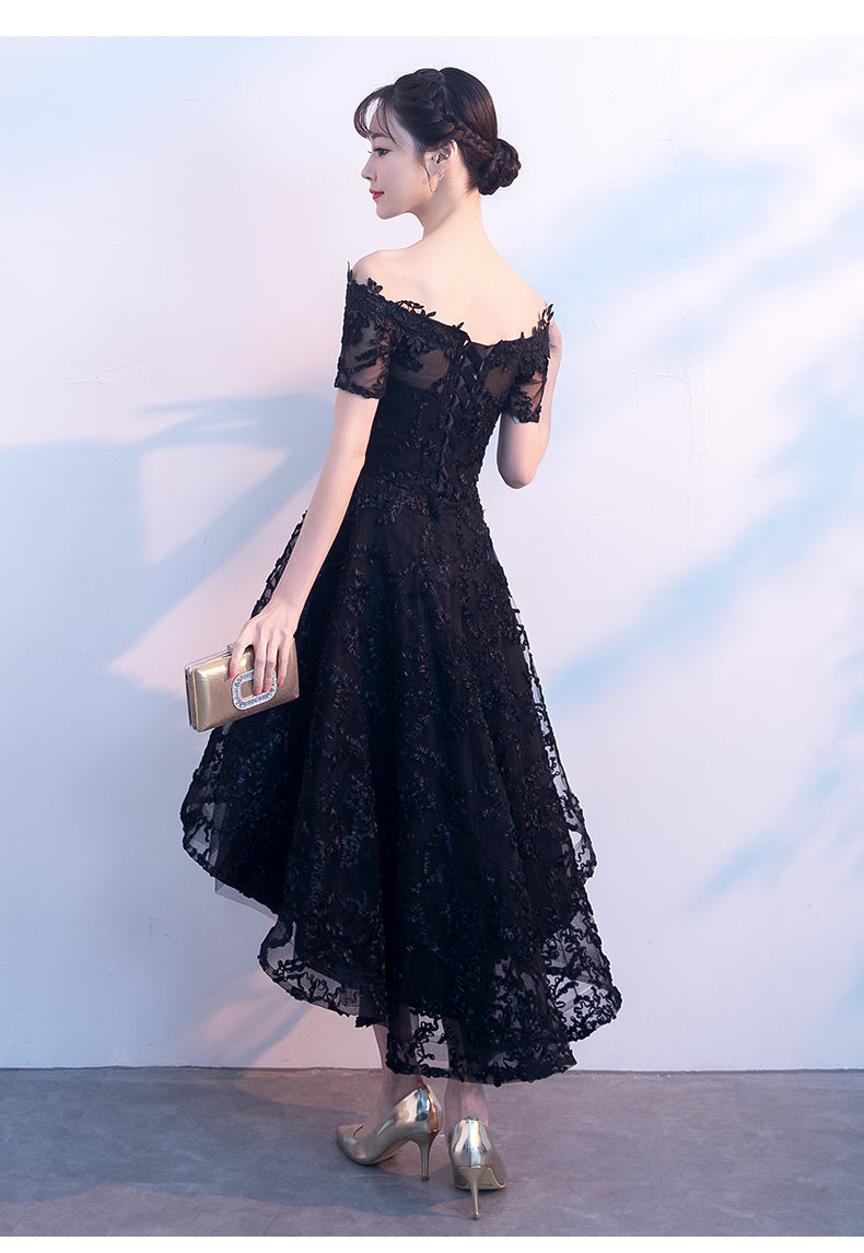 Lovely Black Lace Off Shoulder Bridesmaid Dress, Lace Off Shoulder Black Party Dress