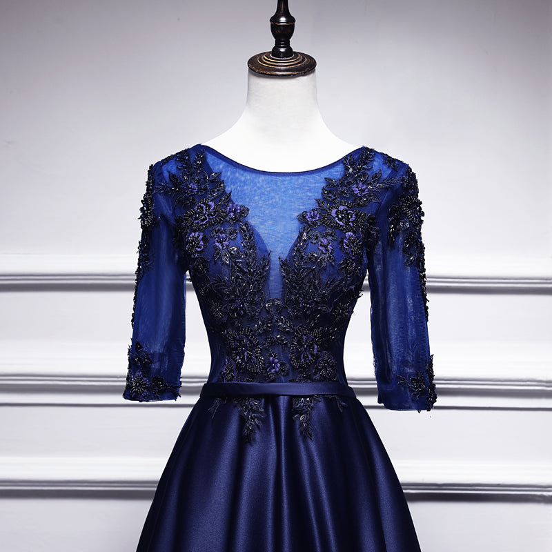 Navy Blue Satin with Lace Short Sleeves Long Prom Dresses, Blue Evenin – Cutedressy Navy Blue Satin with Lace Short Sleeves Long Prom Dresses, Blue Evenin – Cutedressy