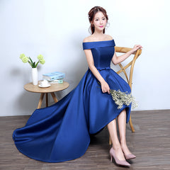 Blue High Low Homecoming Dress, Simple Satin Lace-up Formal Dress