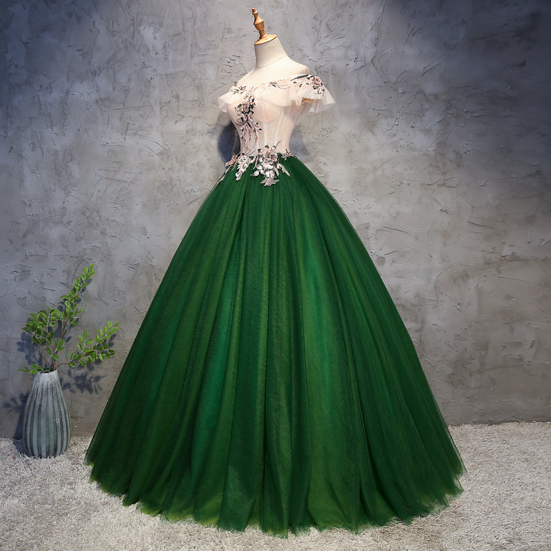 Dark Green Off Shoulder Tulle Long Party Dress, Sweet 16 Dress Cutedressy Dark Green Off Shoulder Tulle Long Party Dress, Sweet 16 Dress Cutedressy