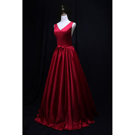 Red Satin V-neckline Floor Length Junior Prom Dress, Party Dress with Bow