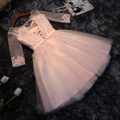Light Pink Short Sleeves Lace Party Dress, Pink Bridesmaid Dresses, Cute Junior Prom Dress