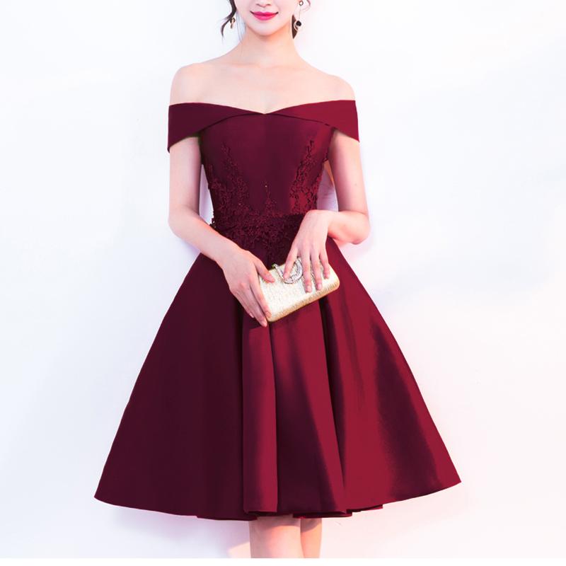 Satin Off Shoulder Simple Homecoming Dress with Lace, Satin Party Dresses