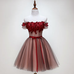 Beautiful Off Shoulder Tulle Knee Length Party Dress , Red Homecoming Dress with Applique