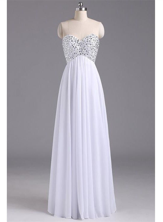 White Beaded Simple Long Chiffon Prom Dress, Prom Dress , Floor Length Formal Dress
